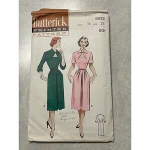 Vintage 1950's Butterick Pattern #5832 Women's Tailored Keyhole Dress Size 16